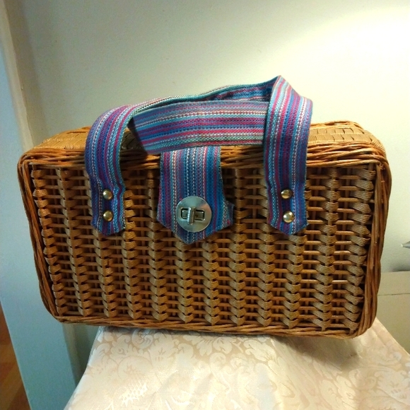 Vintage Wicker Purse Denium Straps Size 7X11 in. Long - Picture 1 of 4